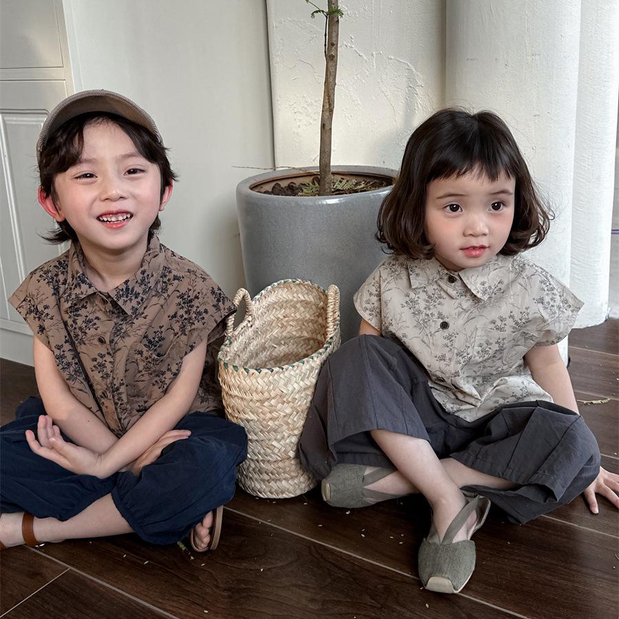 Jiaye Tongpin 2025 Kids' Floral Short-Sleeve Retro Shirt for Boys and Girls
