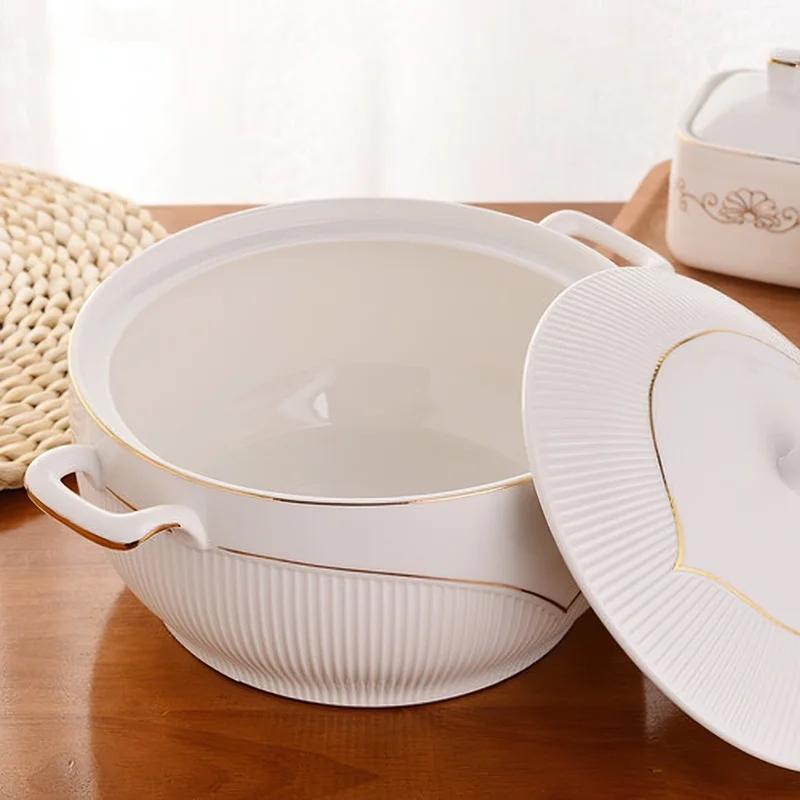 Ceramic Soup Pot Nordic Phnom Penh White Round 2.6L Large Bowl with Lid Cooking Utensils Household Kitchen Supplies Tableware