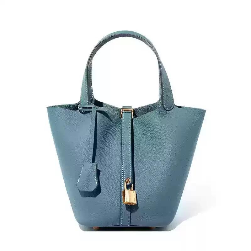 Genuine Leather Shoulder Bucket Bag Women Litchi Pattern Mini Basket Tote Soft Handbag Mommy Bride Wedding Bags with Lock