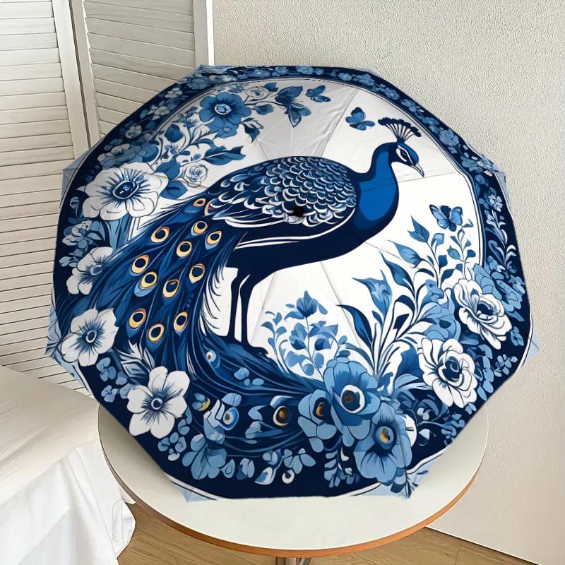 1pc Blue and White Peacock Floral Pattern Umbrella with Plastic Handle,Suitable for All Seasons Home Travel Outdoor UmbrellaDD1409