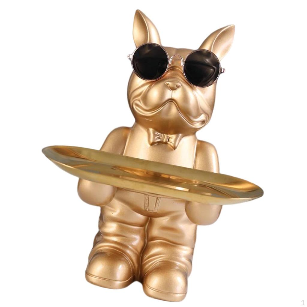 Dog Sculpture Figurine with Tray Desk Organizer Resin Statue for Living Room Table Decoration