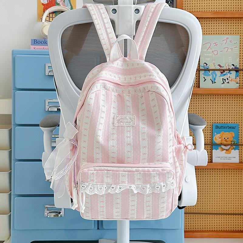 Schoolbag gentle department fresh color scheme striped design backpack student party daily commuting shopping spring outing large capacity schoolbag