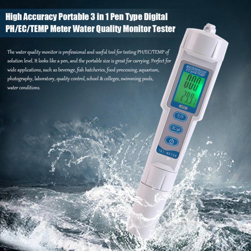 3 in 1 Portable Pen Type Digital pH EC TEMP Meter Water Quality Monitor Tester