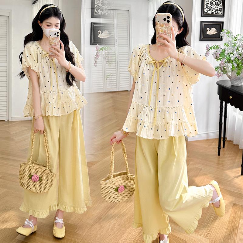 2026 Summer Polka Dot Maternity Doll Top & Wide Leg Pants Set M