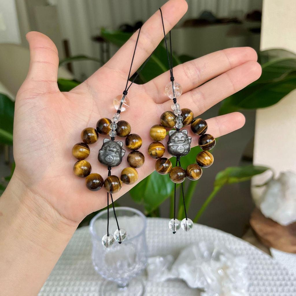 2025 Original Obsidian Tiger Eye Carved Kitten Phone Charm, High-End Design.