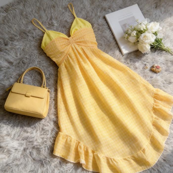 

Want retro design irregular tube top halter yellow suspender long dress holiday wind seaside fresh beach skirt women 2XL