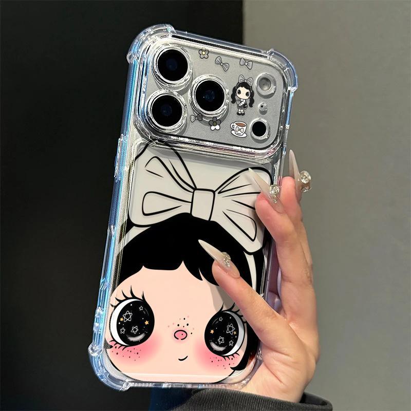 Shockproof 4-Corner Protective Case for iPhone 16 Pro, Cute Cartoon Bowknot Girl Design, Apple 17 Case, Soft Silicone Full Coverage