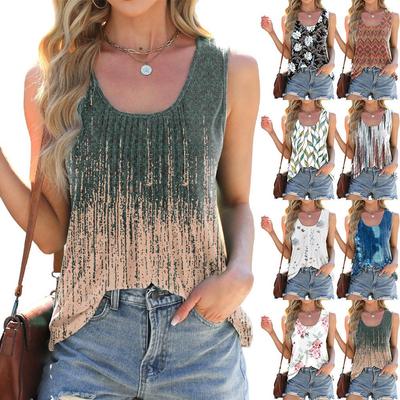 Sleeveless Round Neck Loose Tie Dye Print Tops Women Casual Cotton Blend Geometric Pattern