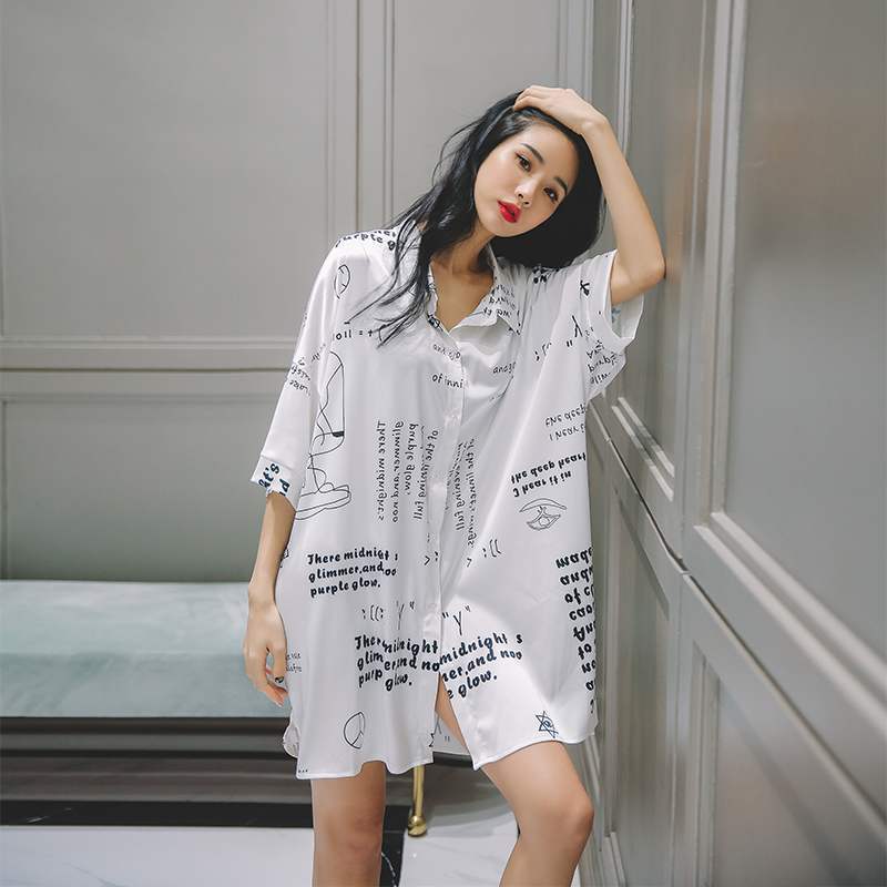 Nachtwäsche für Damen im Sommer, sexy und süß, kurzärmelig, dünnes weißes Hemd, mittellang, locker sitzender Pyjama