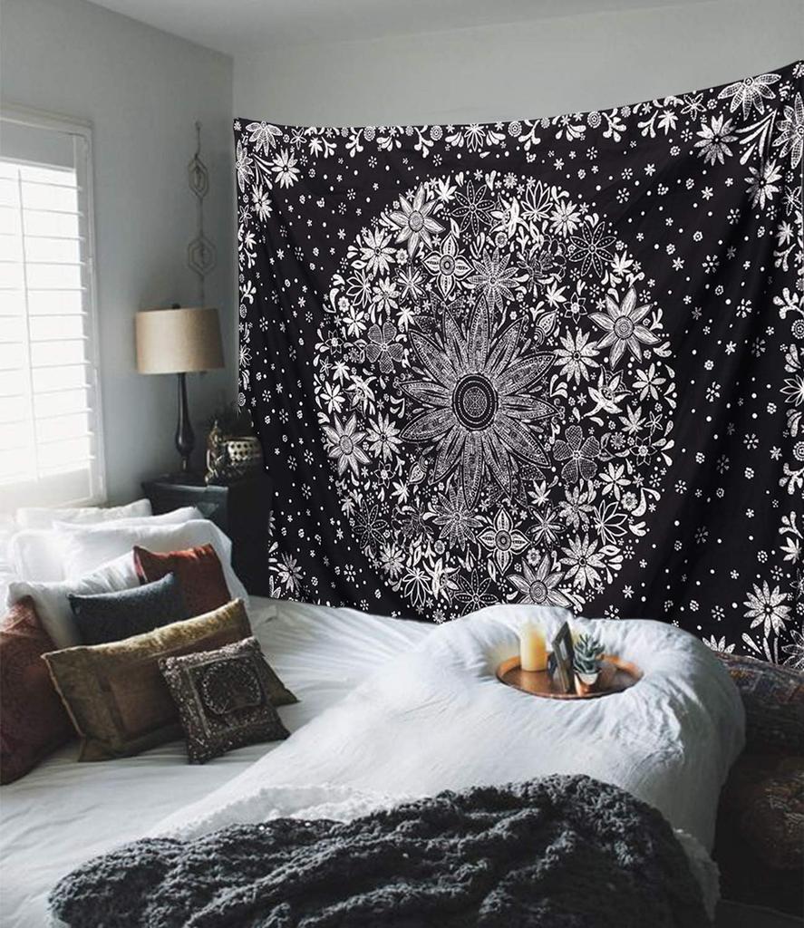 Bohemian Tapestry Wall Hanging Black and White Floral Tapestry with Dotted Daisy Medallion Print Bedroom Boho Hippie Home Decor