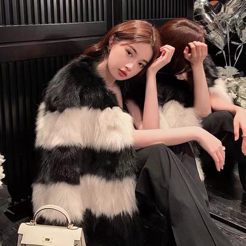 KAISER Women's Colorblock Double-breasted Rabbit Fur Coat