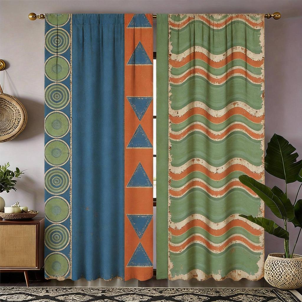 Tribal Geometric Curtains 2pcs – Aztec Inspired Blue Orange Pattern, Bohemian Ethnic Decor for Living Room and Bedroom