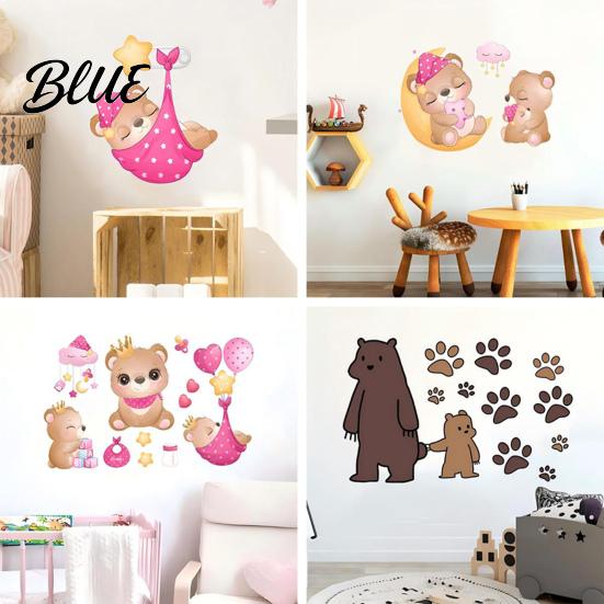 Cute Bear Wall Stickers for Bedroom Kids Room PVC Waterproof Cartoon Animal Decorative Interior Decals Removable Art Mural Nursery Living Room Decor