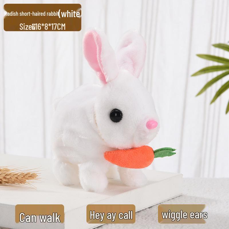 Plush Interactive White Rabbit Toy - Walking, Talking, Ear-Wiggling, Mouth-Moving Long-Haired Pet Simulation.