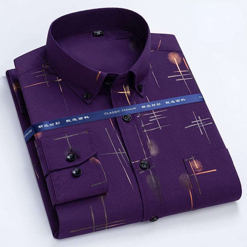 Męskie Koszule Eleganckie Wiosna Jesień Najnowsze Nieprasujące się Odporne na Zmarszczki Biznesowe Casualowe Wzór Cienki Kratka Dopasowany krój chemise homme