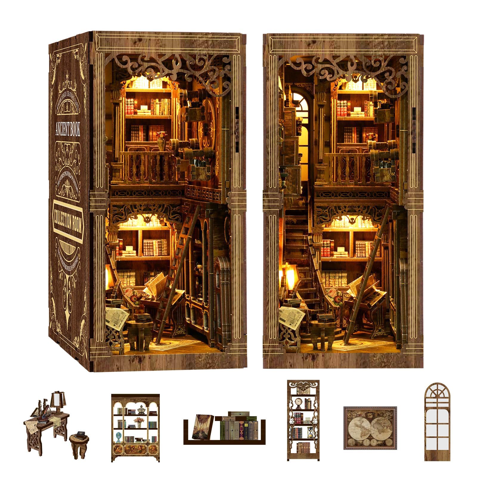 

QmXCyzl Деревянный DIY Кукольный домик-конструктор с миниатюрной 3D книжной полкой, праздничный подарок, архитектурный сценарий (Коллекция старинных книг)