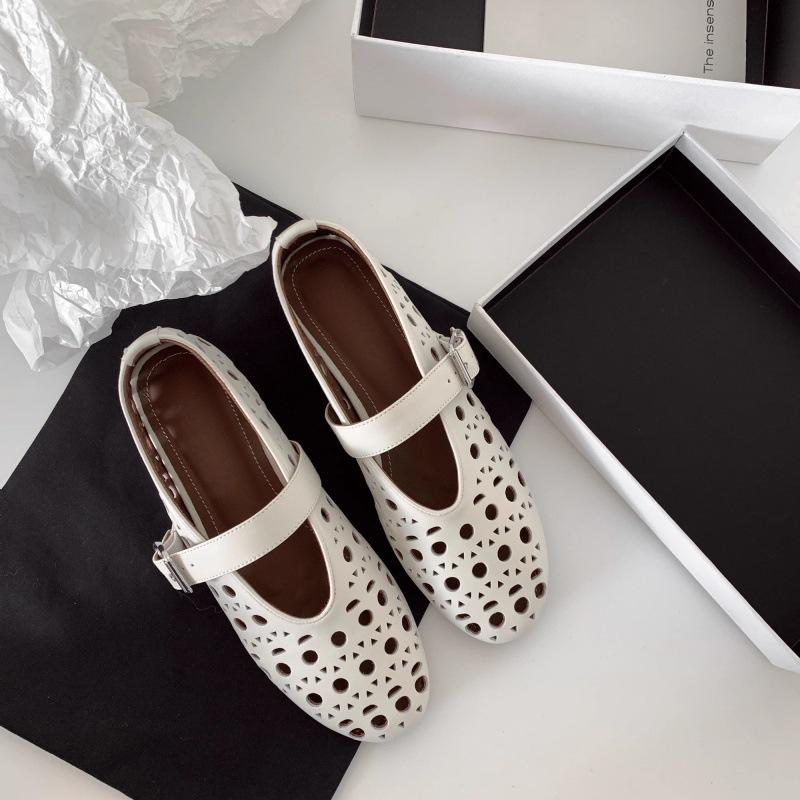 Mary Jane single shoes women's 2025 spring and summer new round head breathable casual versatile height increase one-word buckle hollow ballet shoes