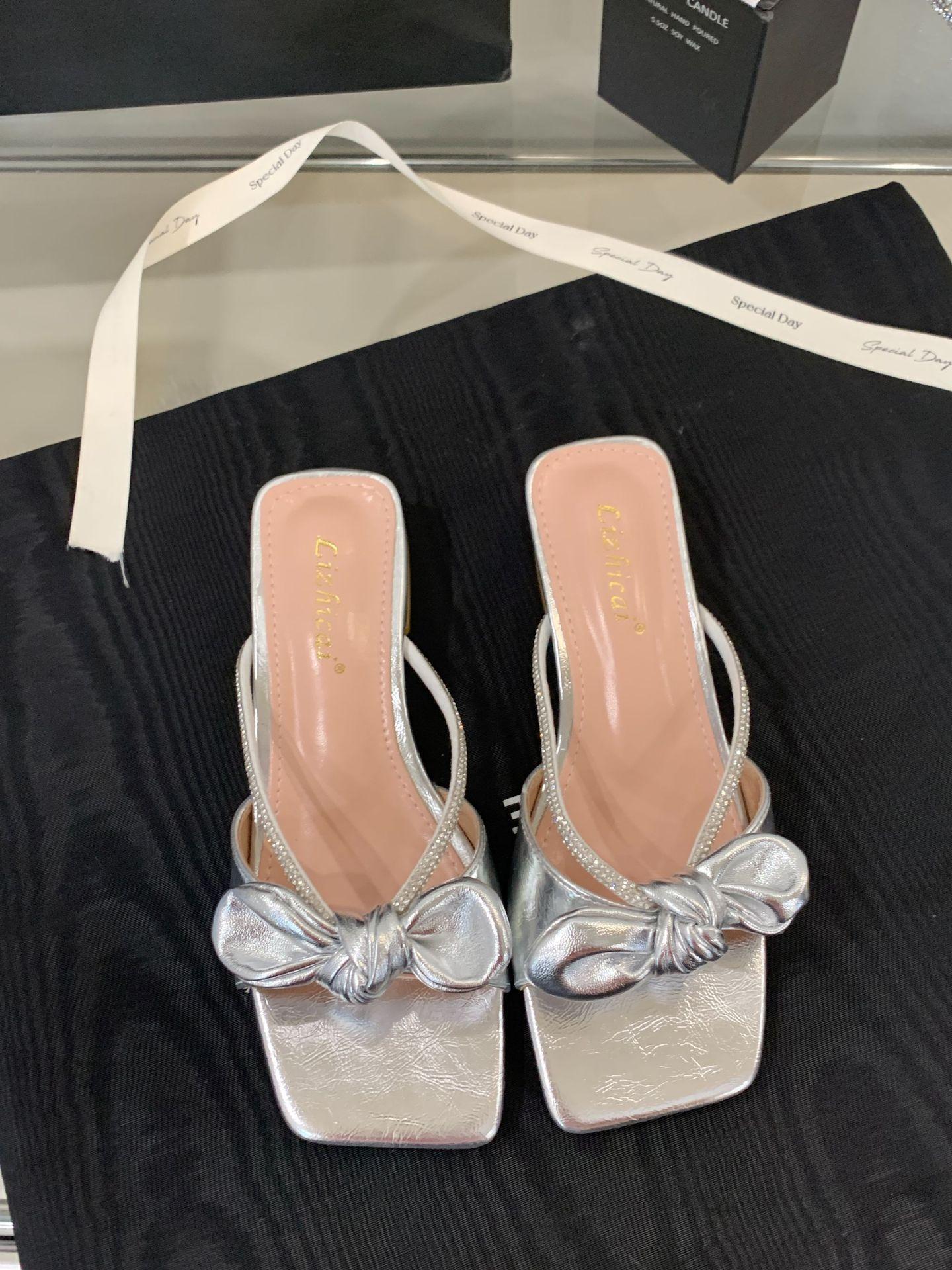 French Style Elegant Silversmall Slide Sandals Outdoor Wear Spring Summer Fairy Styleskirt-Matching Bowone-Strap Slides 35 серебряный