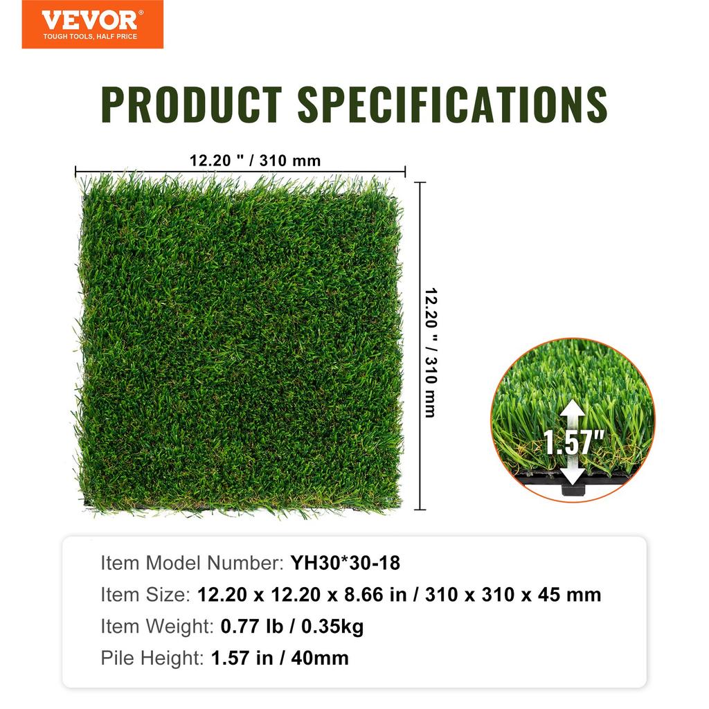 VEVOR Artifical Grass Tiles Interlocking Turf Deck Set, 18 Pack 305x305mm, Synthetic Fake Grass Self-draining Mat Flooring Decor Pad