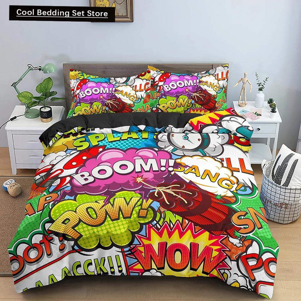 Comic Muster Bettbezug Queen King Cartoon Bettwäsche Set für Kinder Jungen Mädchen Hippie Hip Hop Rock Stil Polyester Bettdeckenbezug