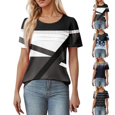 Damen T-Shirt Kurzarm Oberteile Elegant Freizeithemd Frühling Sommer Outfit Fließende Plissee Vorne Rundhals Sommer Tops