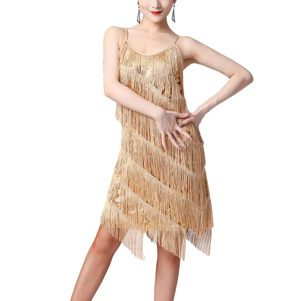Damen Glitzerndes Pailletten Fransenkleid Samba Tango Lateinischer Tanz Kostüm Verstellbare Spaghettiträger Quastenkleid