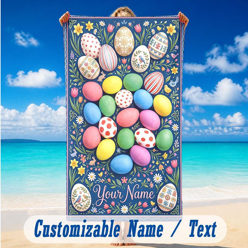 Easter Bunny Theme Beach Towel Personalized Custom Name & Text Soft Quick Dry Beach Towel for Swimming Travel