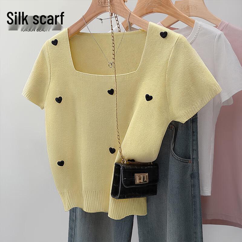 Women s Color-Block Heart Square Neck Knit Top One Size