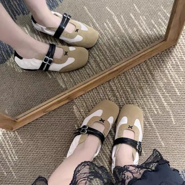 Sheepskin Version~ Retro Niche Color Matching Double-breasted Square Head Flat-bottomed Sports Moral Training Shoes Women's Spring and Autumn Mary Ja