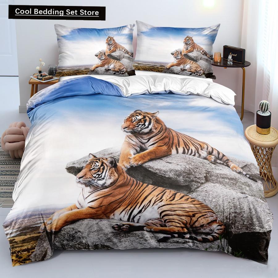 Comforter Lion Tiger King Queen Lovely Wild Animals Bedding Set For Kids Teens Adults Wildlife Grey Black 2/3Pcs