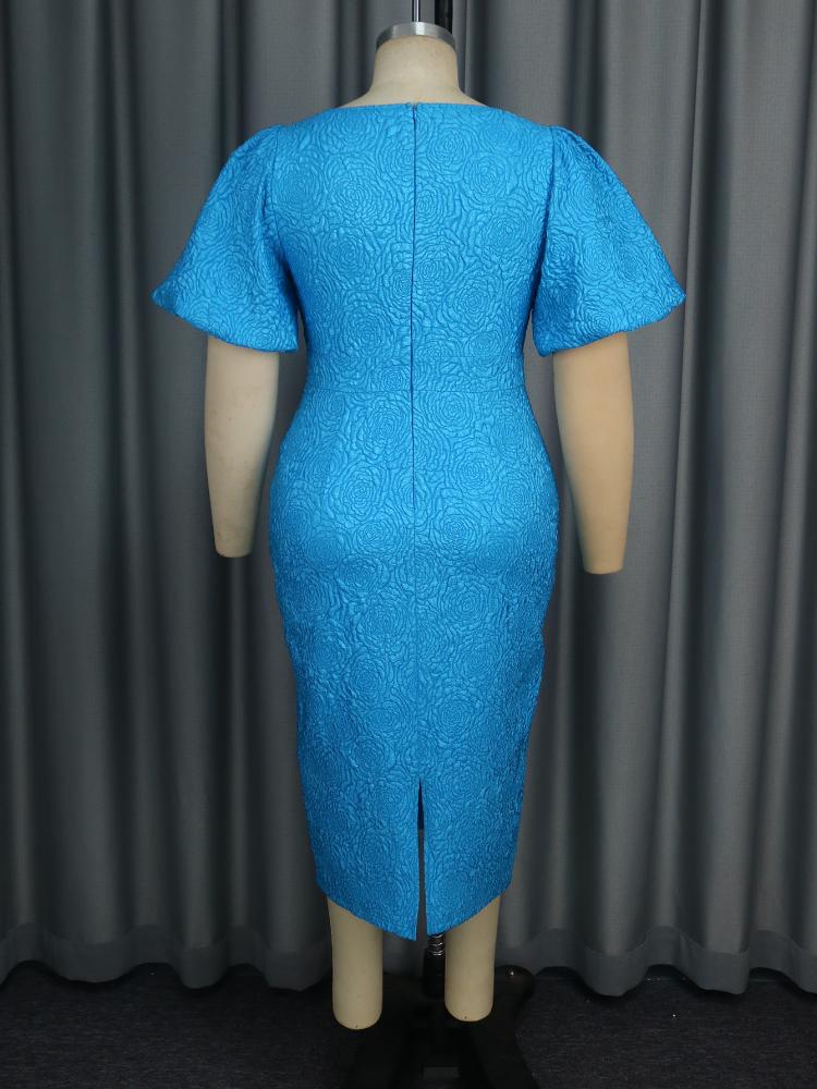 AOMEI Elegant Women Dresses for Evening Party Mid Calf O Neck Short Puff Sleeves Empire 3D Flower Bodycon Jacquard Outfits