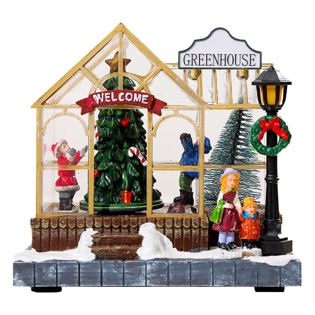 2025 Christmas Musical Light Up Village House Resin Ornament with LED Light Rotating Tree Figurines Holiday Table Decoration