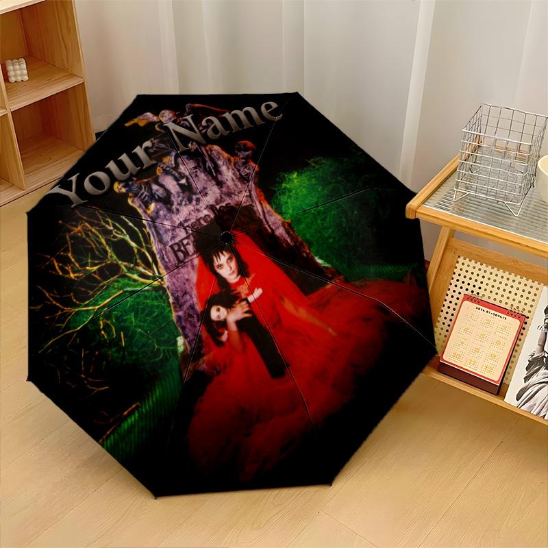 Custom Text Automatic 8 Bone Umbrella, Portable Sun Rain Protection UmbrellaBeetlejuice Lydia Deetz