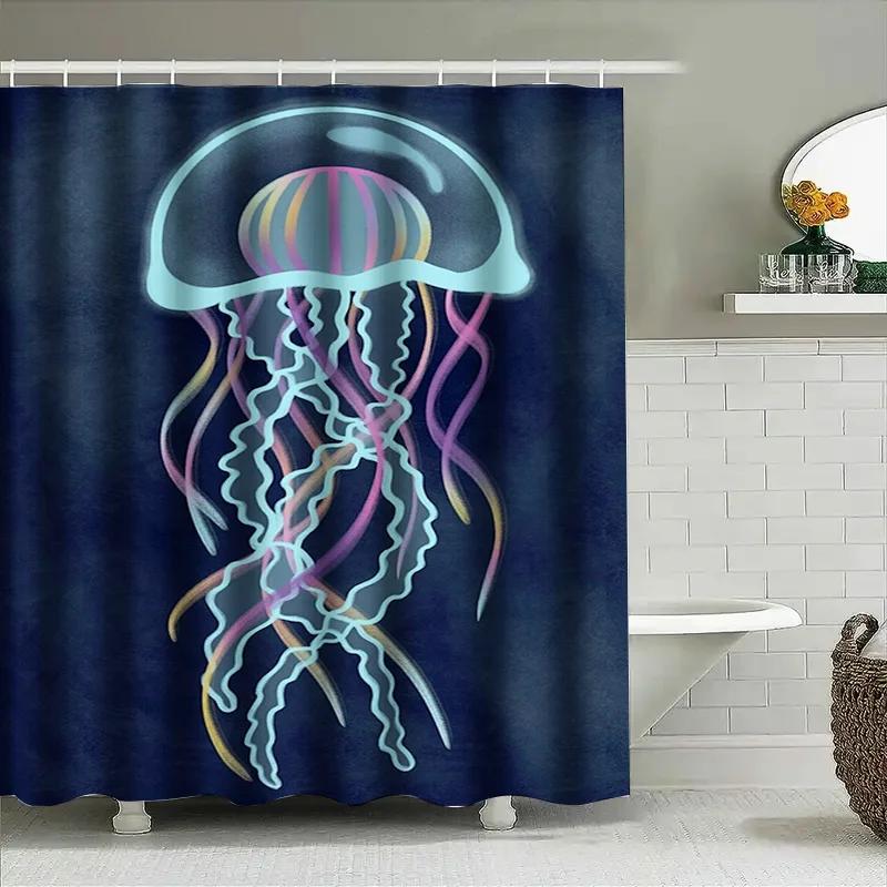 Modern Jellyfish Shower Curtain Blue Print Waterproof Bathroom Decorative Liner For Home Decoration Extra Large