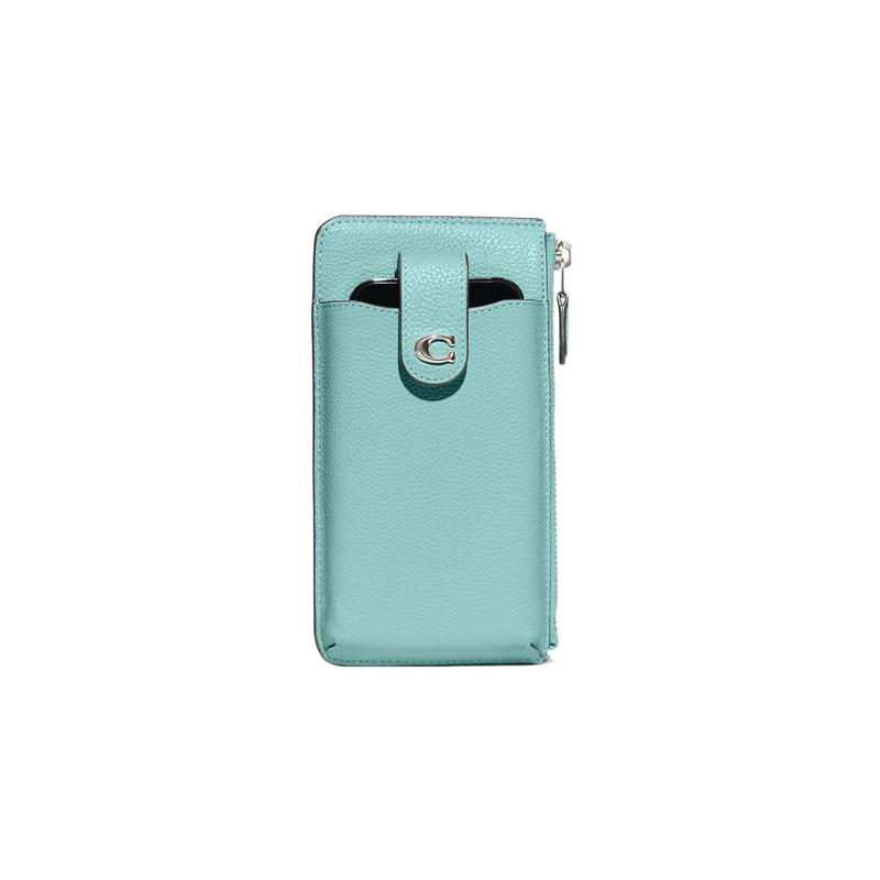 COACH Essential 10 Solid Color Letter Logo Logo Snap Pebble Pattern Leather Mobile Phone Bag Wallet Women s Blue синий