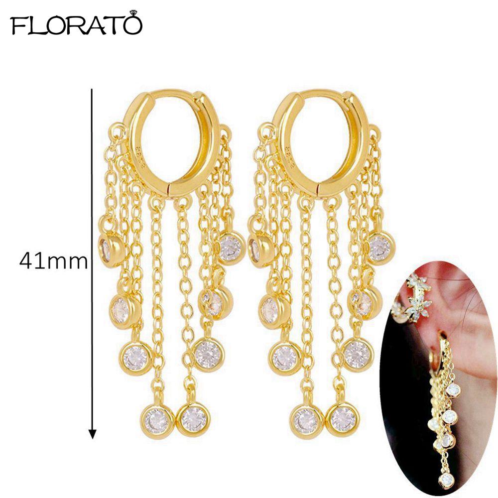 Ins Minimalism Chain Tassel Round Zircon Drop Earrings 925 Sterling Silver Needle Small Hoop Earrings for Women Fashion Jewelry
