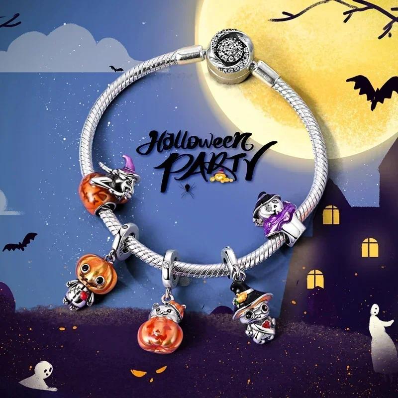 Halloween Copper Skull Charm Luminous Pumpkin Ghost Clown Bead Pendant Ring Necklace Bracelet Diy Jewelry Gift