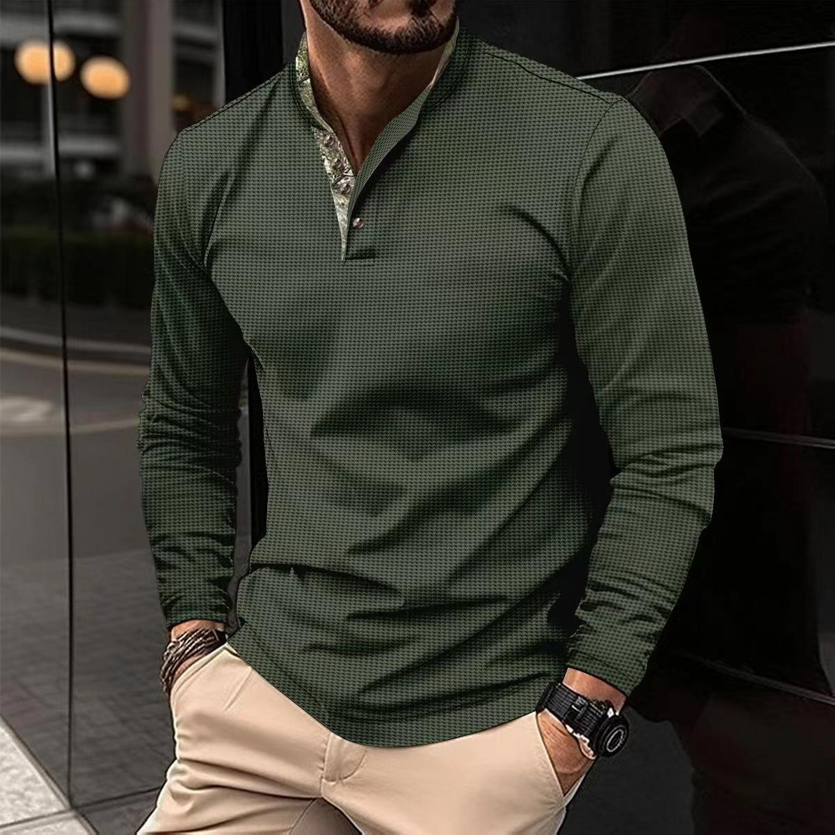Fashion human Lente en herfst nieuwe heren POLO shirt dubbellaags kraag splitsen lange mouwen trui tops T-shirt heren M legergroene kleur