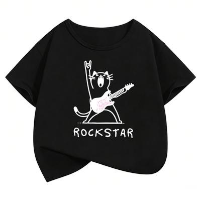 Mädchen Kurzarm Rock Star mit Musik Katze T-Shirts Hip Hop Kinder Kinder T-Shirt Jungen Sommer Frühling Lässiges Oberteil T-Shirt