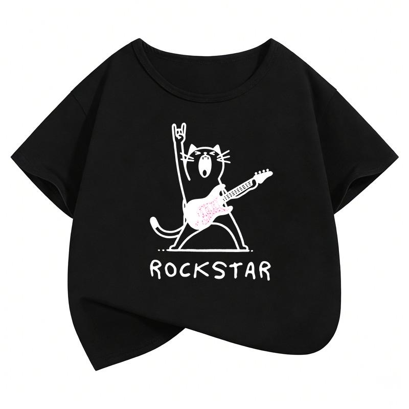 Short Sleeve Rock Star with Music Cat T Shirts Hip Hop Kids Children's T-shirt Boys Girls Summer Spring Casual Top Tee Shirt