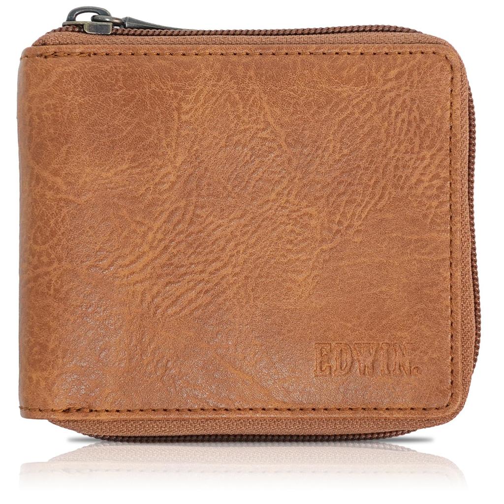 Bifold Wallet Round Zip Retro Synthetic Leather Embossed Logo Synthetic Leather Card Storage Bill Storage Coin Purse 22269309 Brown [Edwin] Men's