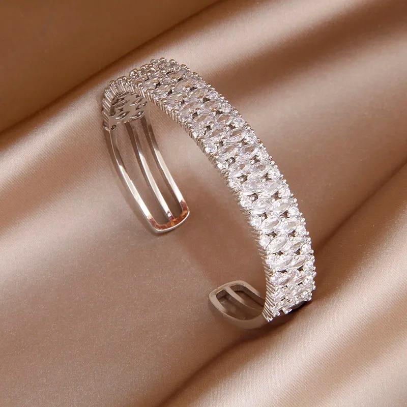 Classical Full Crystal Cubic Zircon Bangles&Bracelet Wide Wedding Bridal Bracelet Ins Fashion Brand Jewelry Open Bracelet