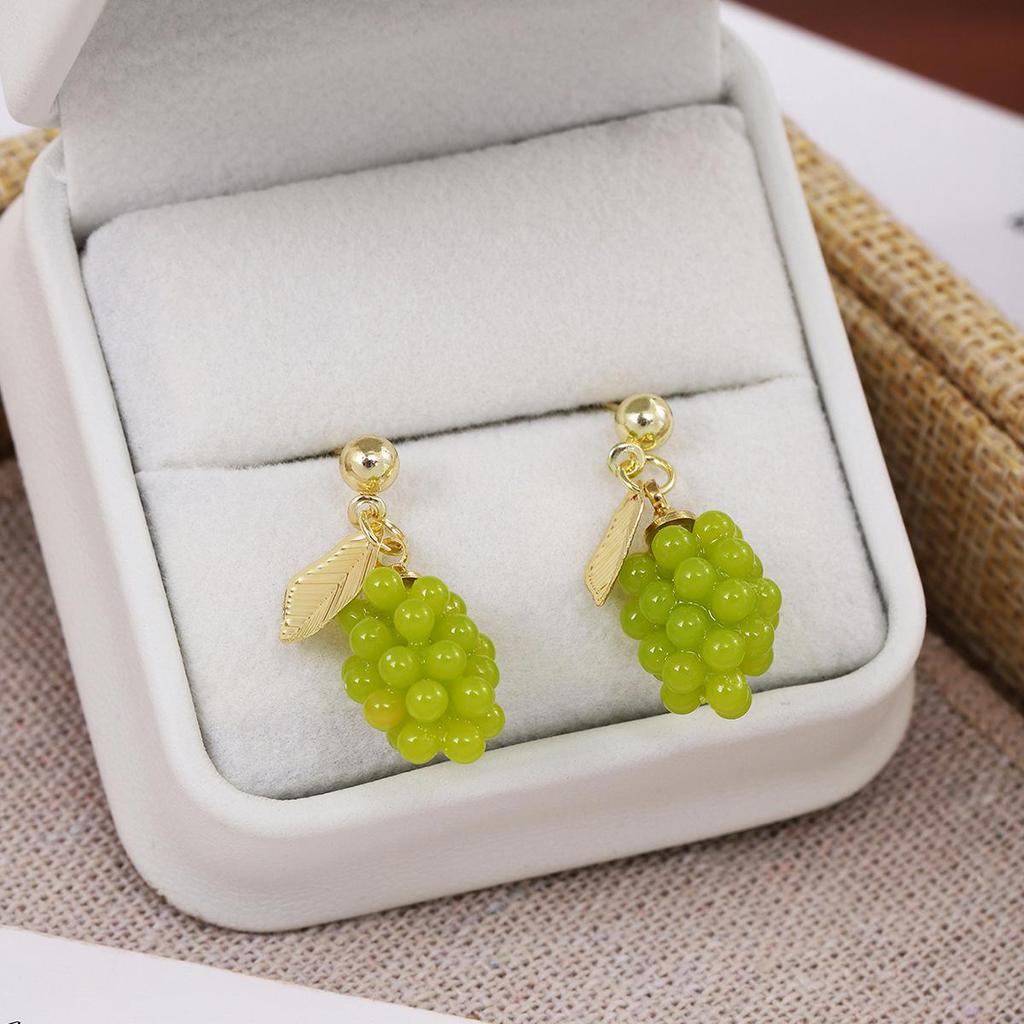 Silver Needle Beaded Green Grape Cluster Earrings - Mori Style