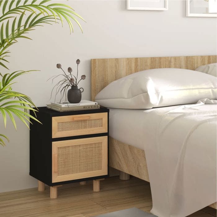 VidaXL Table de chevet Noir Bois de pin massif et rotin naturel 345608