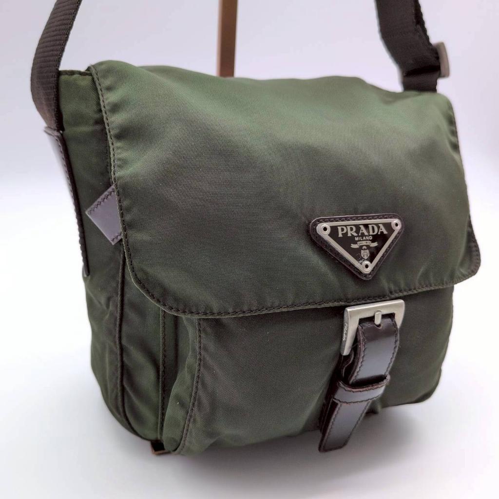 PRADA Tessuto Nylon Shoulder Messenger Bag Crossbody Khaki Dark Green Triangle Logo Plate