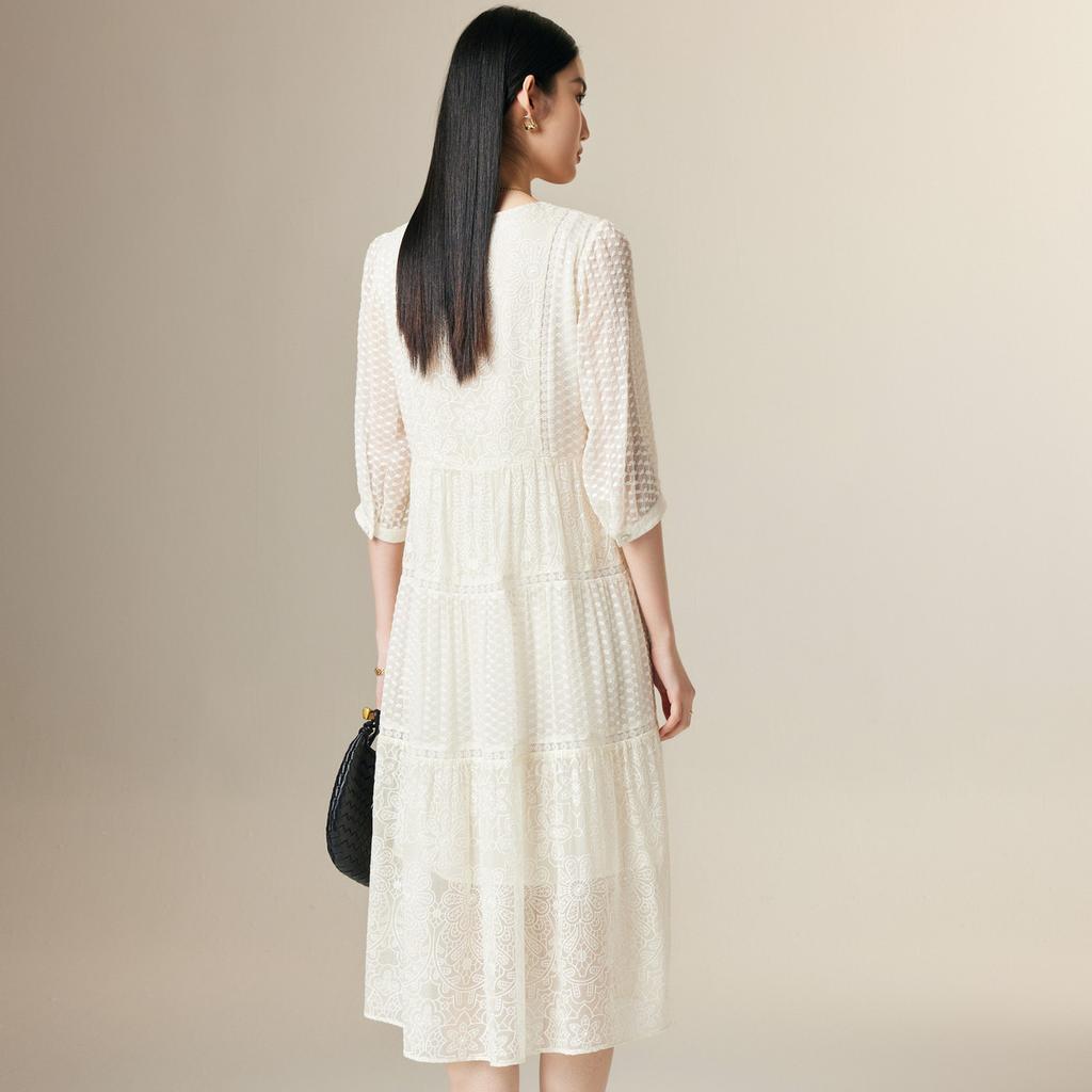 [Hierarchical Embroidery] 100% Mulberry Silk Spring/Summer V-neck Exquisite and Elegant Silk Dress for Women