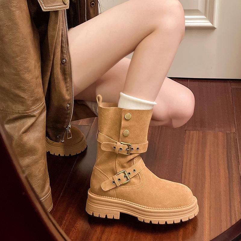 Fashion Studded Metal Buckle Platform Single Boots Women's Autumn New Round Toe Upper Foot Non-Slip Block Heel Short Boots