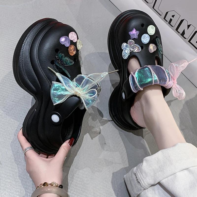 Fashion Lace Bow Chunky Platform Sandals for Women 2025 Summer Thick Bottom Eva Garden Slippers Woman Fashion Color Beads Beach Sandals