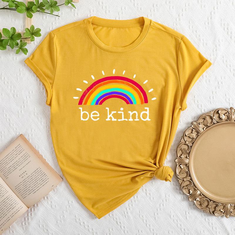 Sommer Damen Regenbogen Buchstaben Print Locker Rundhals Lässig Reine Baumwolle Kurzarm T-Shirts Damen