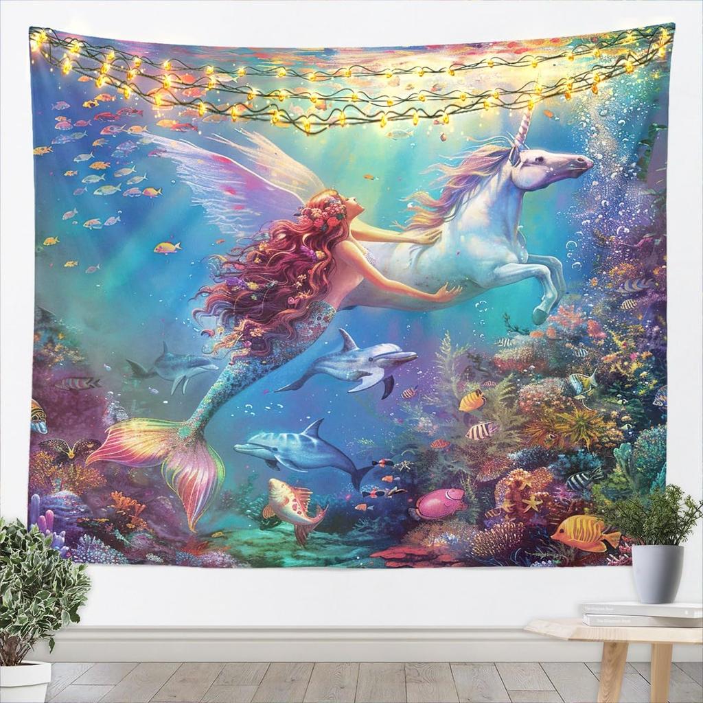 Mermaid Princess Kids Tapestry,Dolphin Tropical Fish Coral Marine Life Wall Tapestries,Girls Women Room Decor,Undersea World